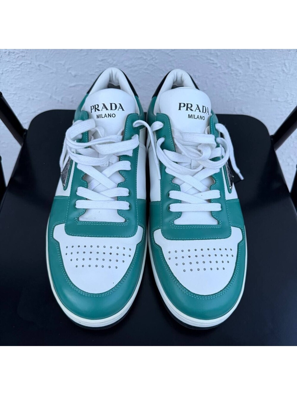 Prada Sneakers Green White Size 11 Leather Low Top Lace Up Italy 2EE364 - Picture 5 of 13